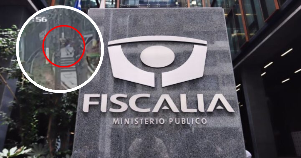 Foto de contexto de Fiscalía y captura de video del momento en que el adulto mayor fue empujado