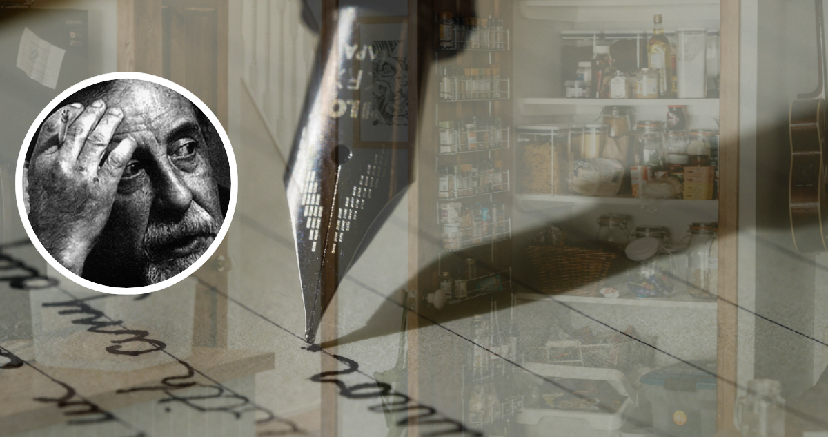 Foto de Gonzalo Millán sobre imagen de pluma escribiendo y una cocina de fondo