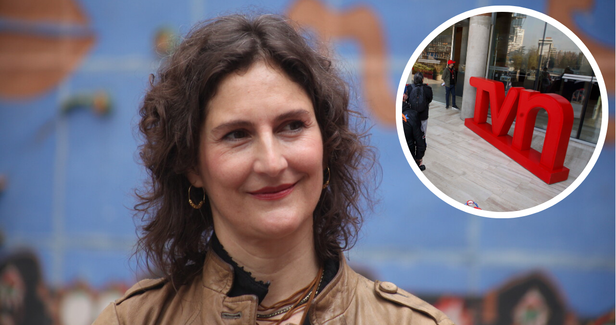 Francisca Imboden y logo de TVN en referencia a crisis en el canal