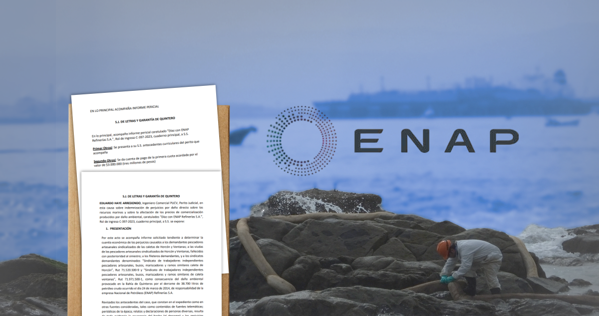 Imagen tras derrame en Quintero y de uno de los informes, más logo Enap.