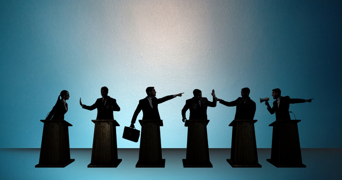 Ilustración de contexto de políticos discutiendo para columna de dimes y diretes en la política