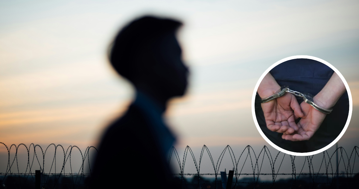 Foto de contexto de joven en sombras y foto pequeña de persona esposada