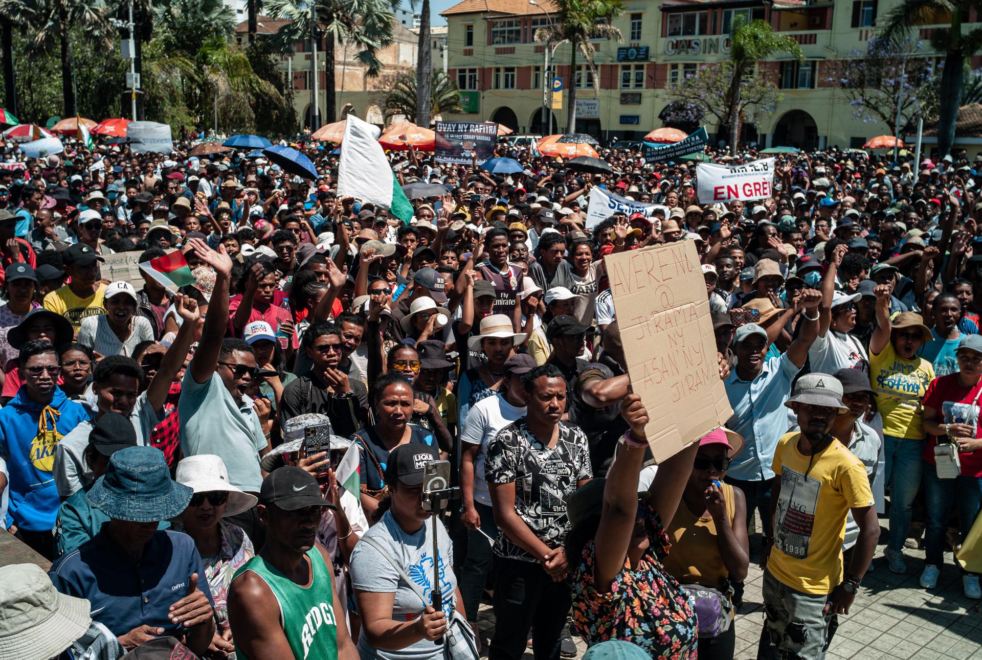 Protesters gather outside City Hall in Antananarivo, Madagascar