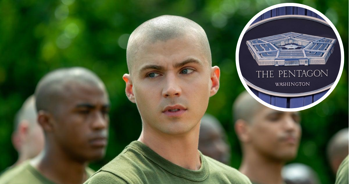 Captura de la serie Reclutas de Netflix y del logo del Pentágono