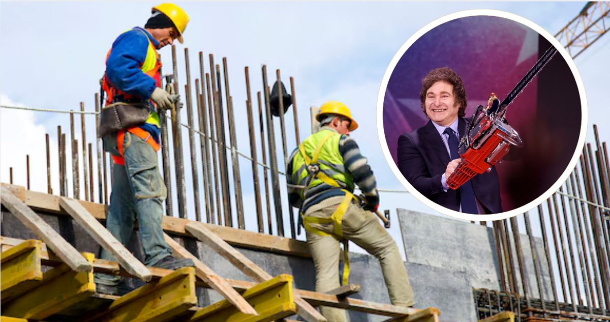 Temática de construcción, en contexto laboral de Argentina. La composición digital añade en un recuadro al presidente Javier Milei.