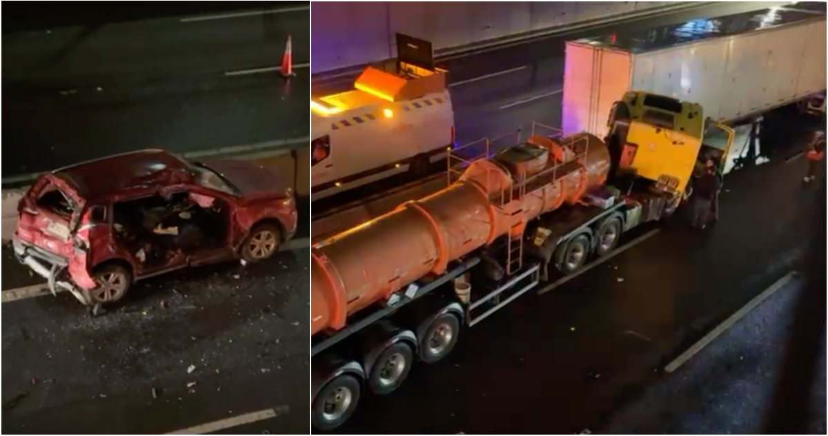 Accidente de tres camiones y un vehículo deja adultos y niños heridos: Autopista Central está cortada
