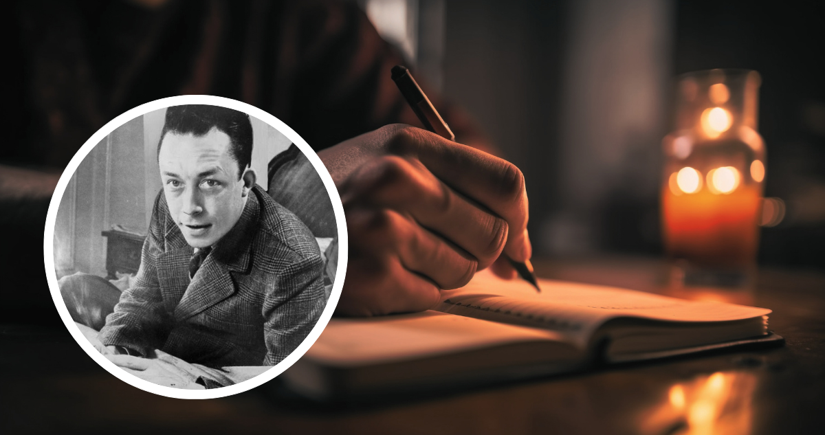 Foto de contexto de persona escribiendo y foto de archivo de Albert Camus