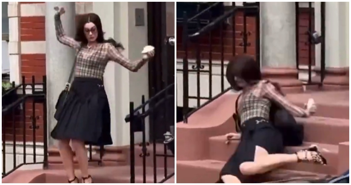 Siempre digna: Anne Hathaway sufre estrepitosa caída en rodaje de “El diablo viste a la moda 2”