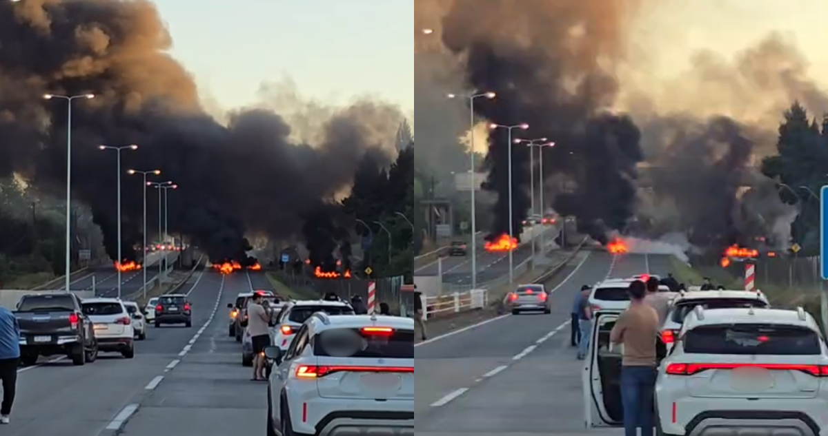 Lanzaron neumáticos encendidos: grupo de personas corta la Ruta 5 al sur de Temuco