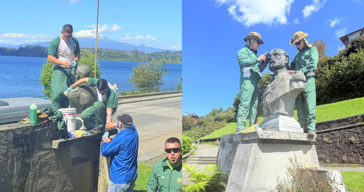 Carabineros alumnos y Club de Leones Puerto Varas limpiaron bustos de próceres nacionales