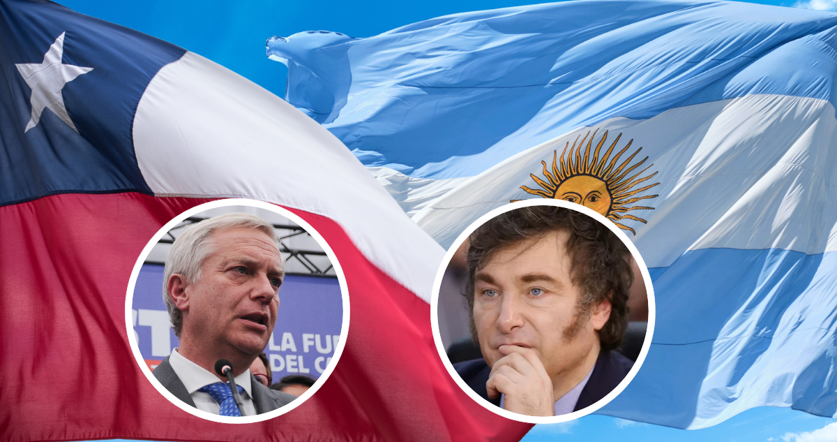 Banderas de Chile y Argentina y fotografías de Kast y Milei