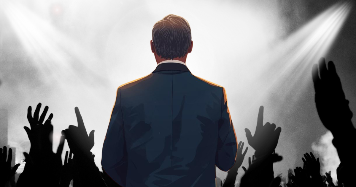 Imagen de contexto de hombre hablándole a multitud