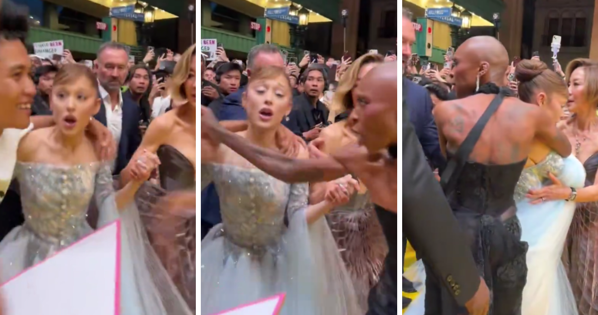Cynthia Erivo protege a Ariana Grande de fan que se abalanzó sobre ella en alfombra roja en Singapur
