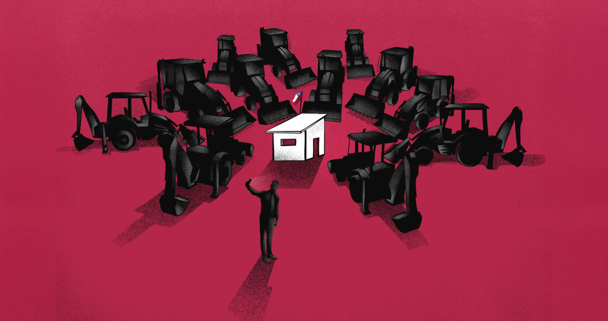 Ilustración de Tomás Ives muestra una vivienda de campamento y retroexcavadoras