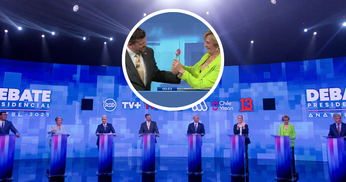 Debate Presidencial Anatel y foto de Kaiser regalándole una flor a Matthei.