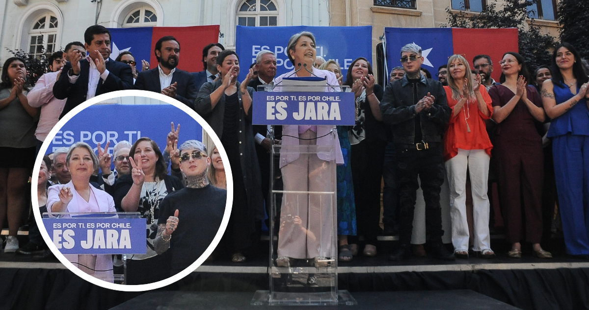 Jeannette Jara junto a su comando. Y foto de la candidata junto a cantante urbano imputado por violencia de género