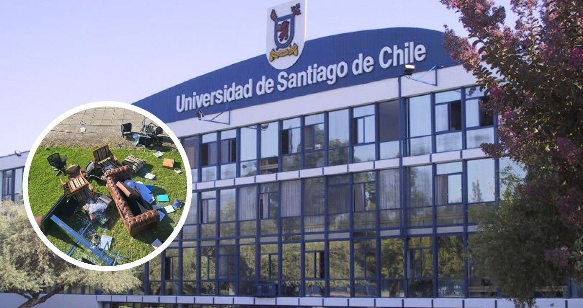 Foto de archivo de mobiliario dañado en protestas y fachada de la USACH, para columna sobre crisis en la Usach.