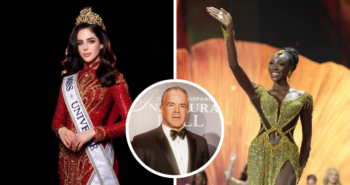 Fatima Bosch, Miss Universo 2025, Olivia Yace, Miss Costa de Marfil y Raúl Rocha, presidente de Miss Universo