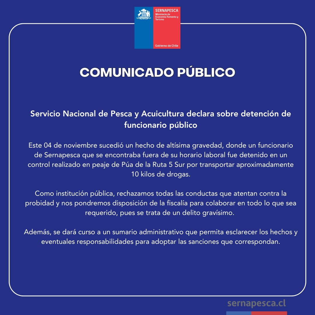 Sernapesca por funcionario detenido por transportar droga