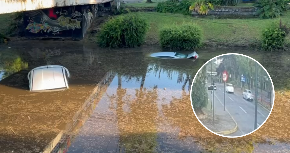 VIDEO | Cámara capta cómo fue la caída de dos vehículos en paso bajo nivel inundado en Ñuñoa
