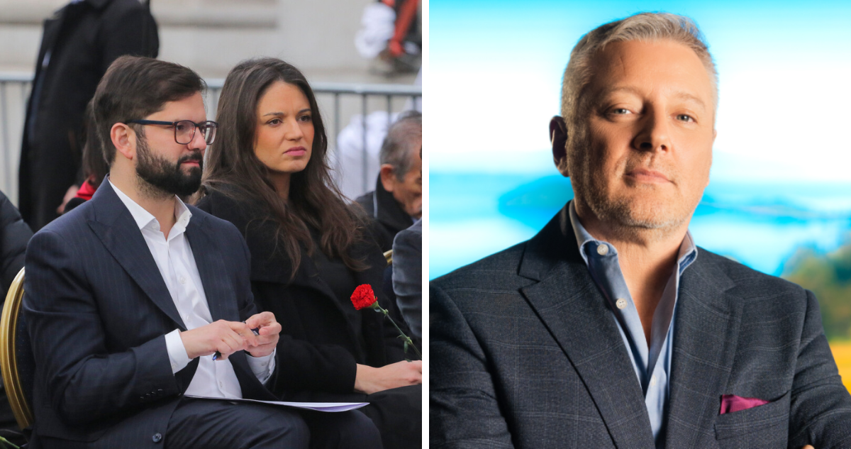 Irina Karamanos junto a Gabriel Boric y Juan Manuel Astorga de Mega