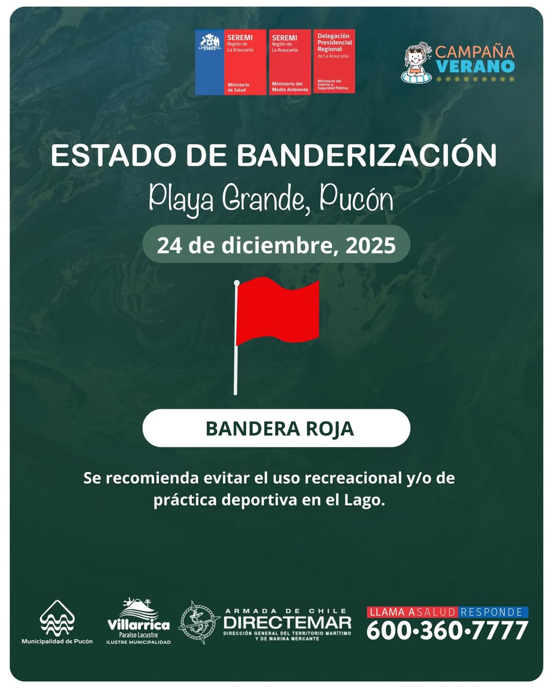 Bandera roja en Playa Grande de Pucón