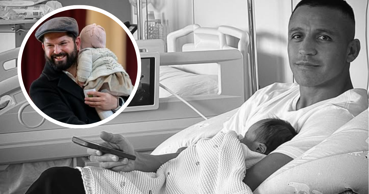 Gabriel Boric junto a su hija Violeta y Alexis Sánchez junto a su hija Bella Mía