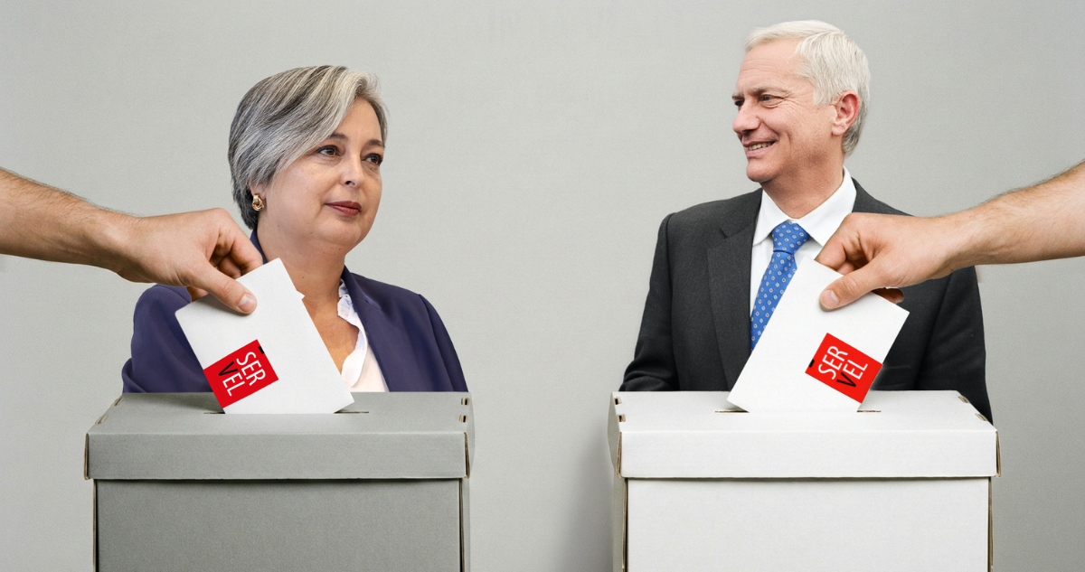 Votación Jara y Kast (Fotografía muestra manos dejando votos en urnas junto a imagen de cada candidato)