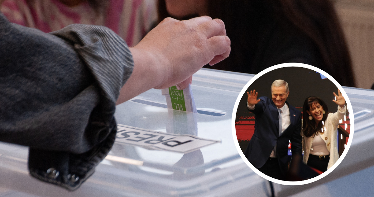 Foto de contexto de votación y de Kast junto a su esposa