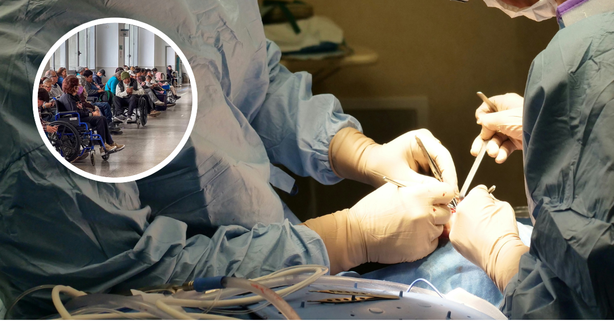 Foto de contexto de cirugía y de personas esperando atención