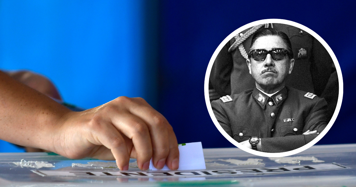 Foto de contexto de persona votando y fotografía de Pinochet