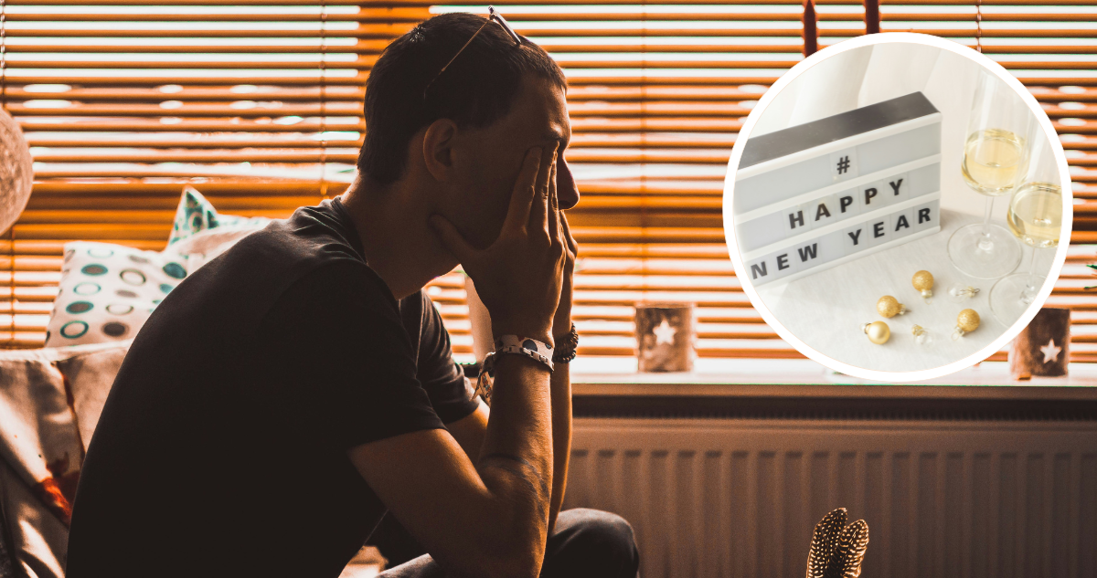 Hombre agobiado y fotografía de contexto de Año Nuevo