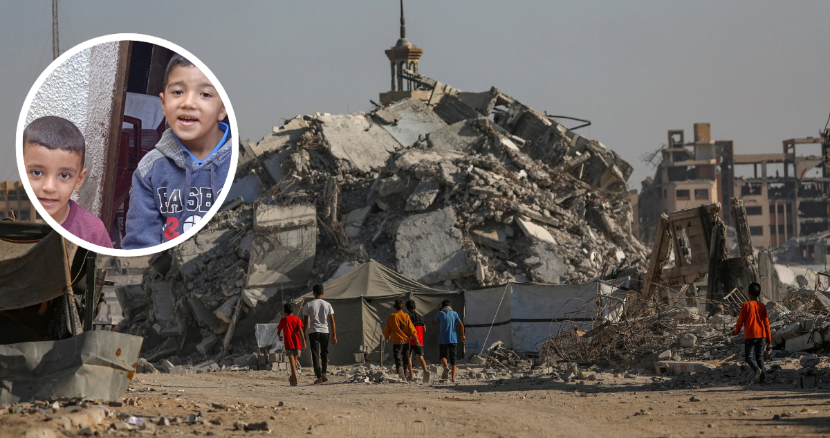 Niños en la Franja de Gaza en medio de edificos bombardeados. Y fotografía de Fadi y Jumaa