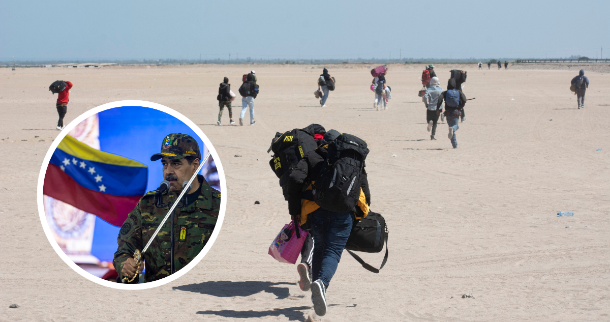 Fotografía de contexto de emigración de personas por el desierto. Y foto de archivo de Nicolás Maduro.