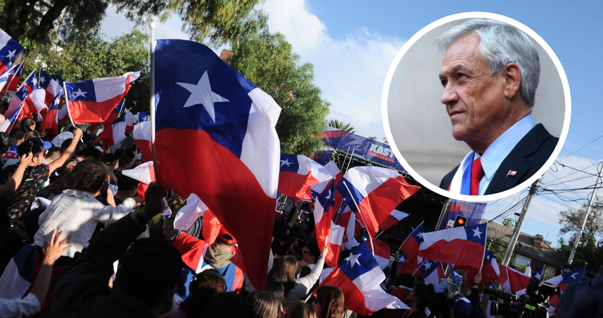 Personas con banderas chilenas en triunfo de Kast y foto de Sebastián Piñera para columna sobre la resurrección del modelo de libre mercado.