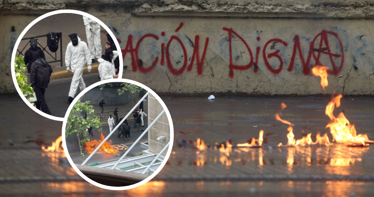 Foto de contexto de protesta de overoles blancos con artefactos incendiarios