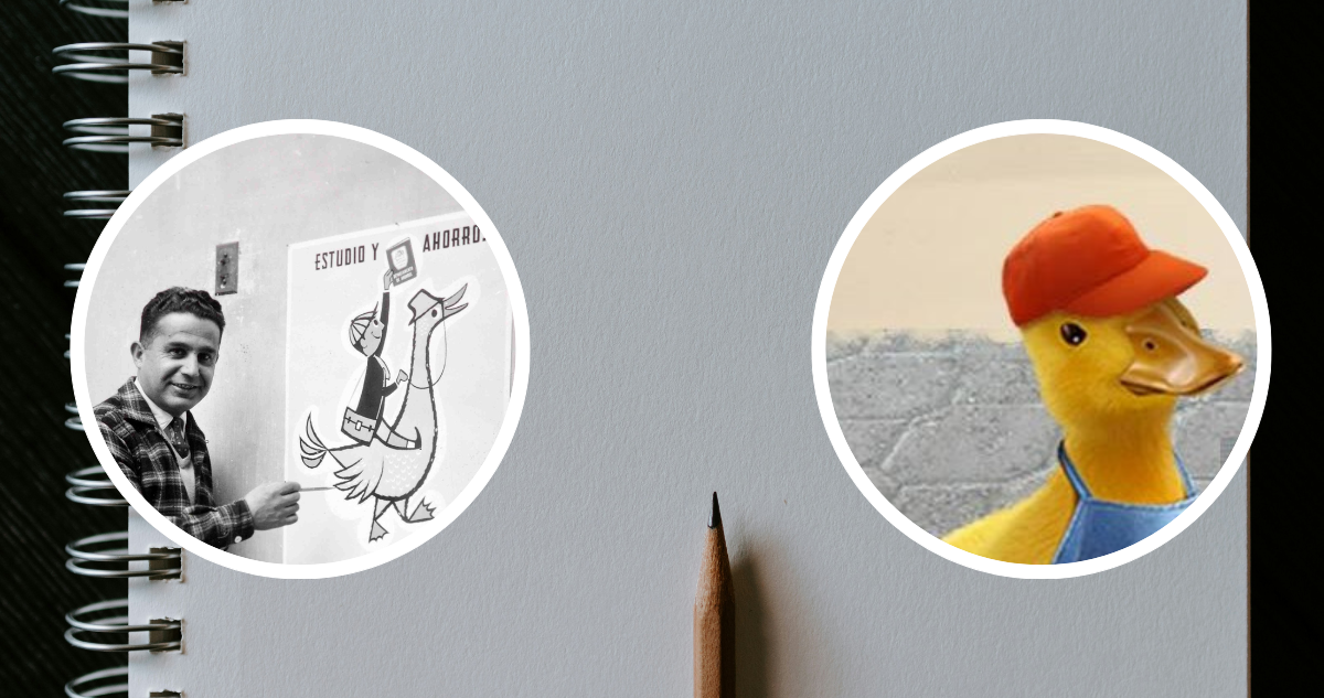 Cuaderno de dibujo y fotografías de pato de BancoEstado actual y diseño original