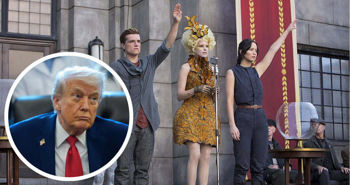 Donald Trump, presidente de Estados Unidos, y Fotografía de la película ‘Los Juegos del hambre’ en referencia a los Patriot Games