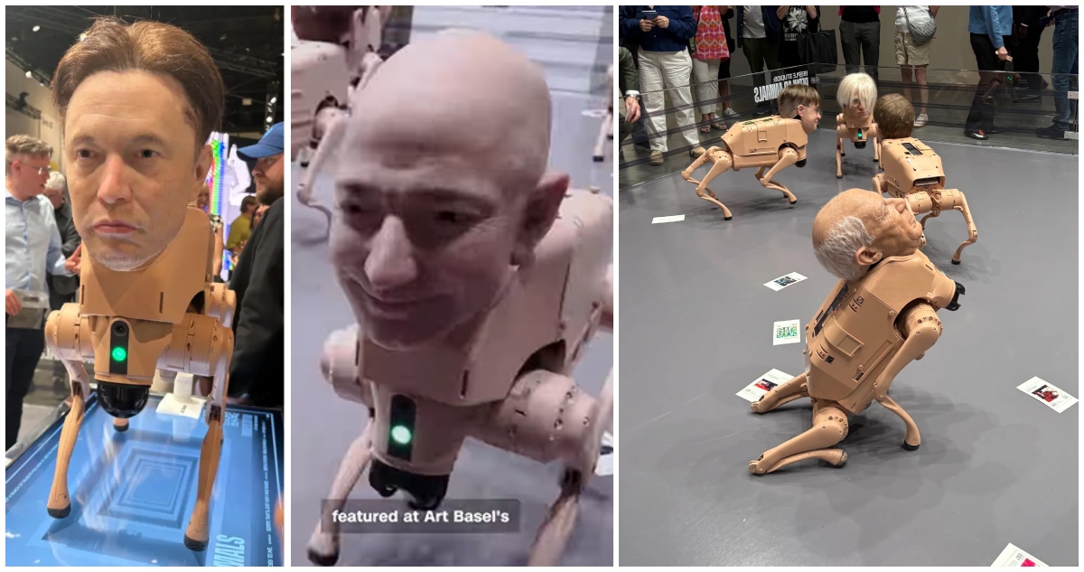Perros-robot de Elon Musk, Jeff Bezos y Andy Warhol “defecan” obras de arte en espeluznan performance