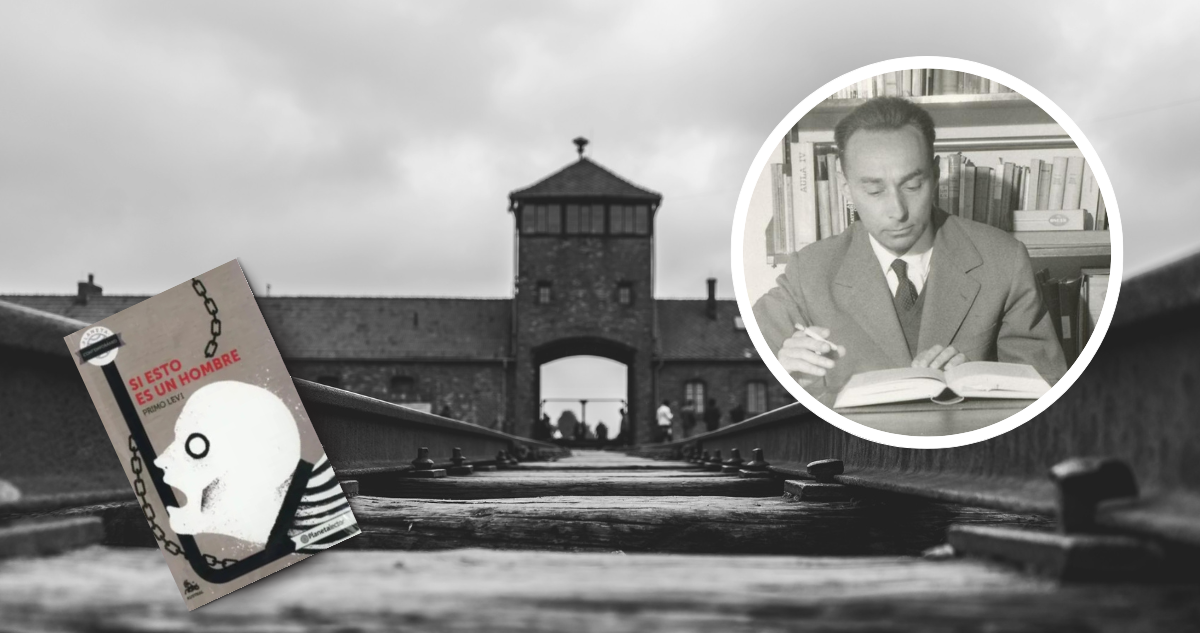 Primo Levi, portada de libro Si esto es un hombre y foto de fondo de Auschwitz