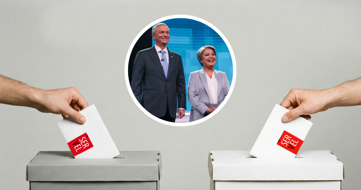 Gráfica de votación y foto de Kast y Jara