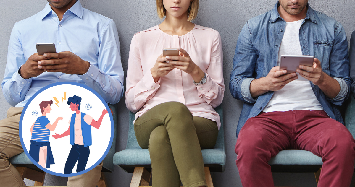 Personas mirando su celular sin dialogar. E ilustración de personas discutiendo.