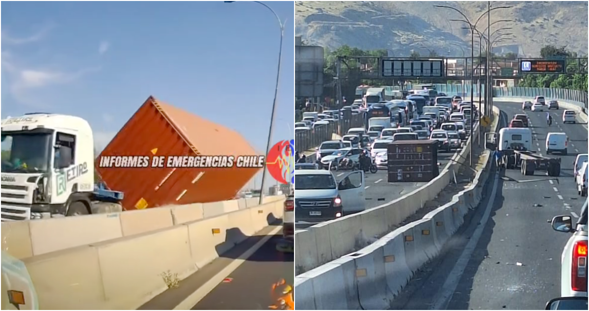 Registran el momento exacto en que se volcó el contenedor de un camión en la Ruta 5