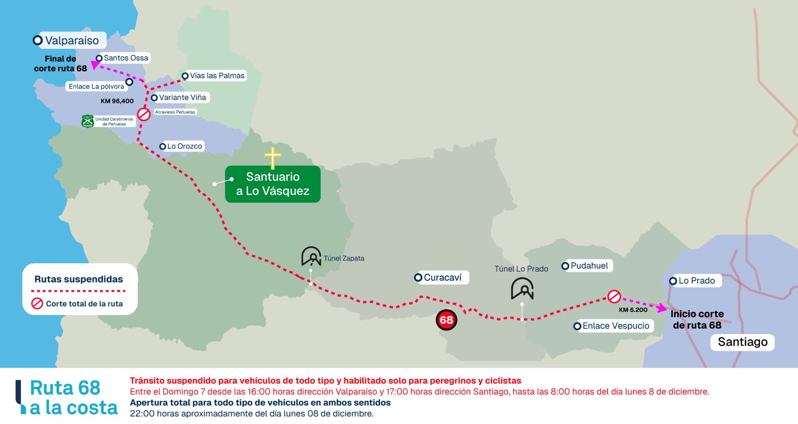 "Peaje a luca" y cortes de tránsito: así funcionará la Ruta 68 por Peregrinación a Lo Vásquez