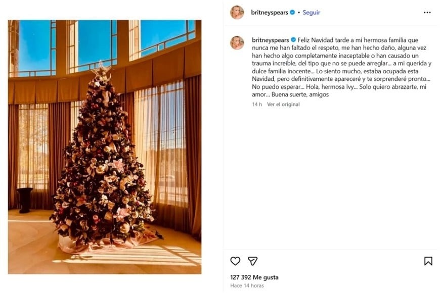 Britney Spears critica a su "inocente" familia en una sarcástica publicación navideña tras pasar las fiestas con su hijo Jayden.
