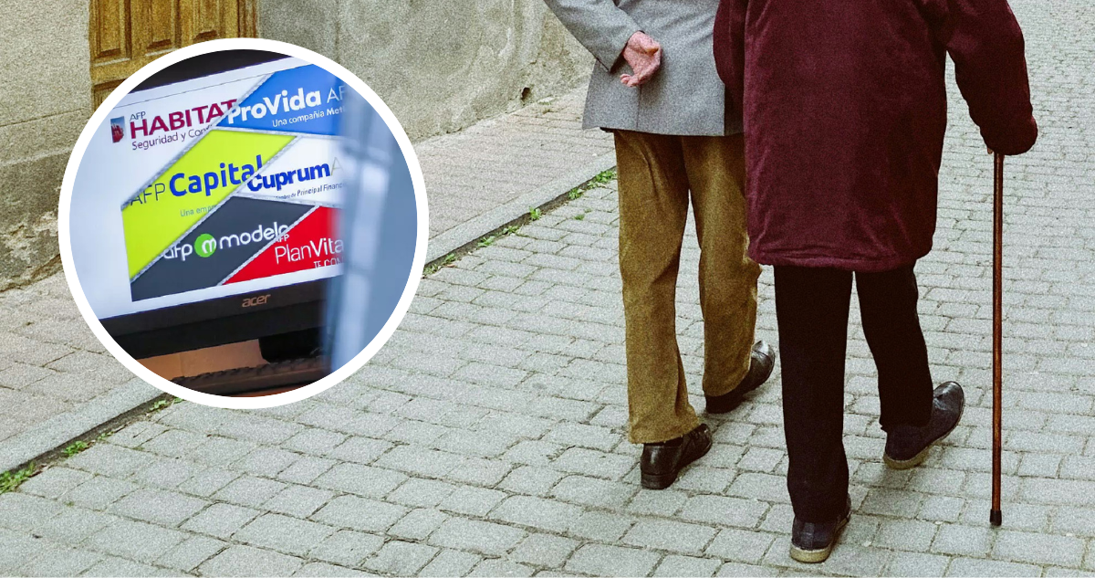 Pareja de adultos mayores caminando y foto con logos de AFP