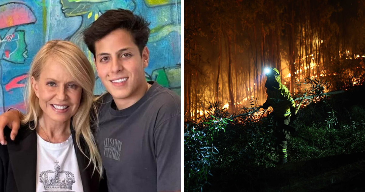 Máximo Bolocco junto a su madre, Cecilia Bolocco y fotografía de referencia de incendios en la región del Bío Bío