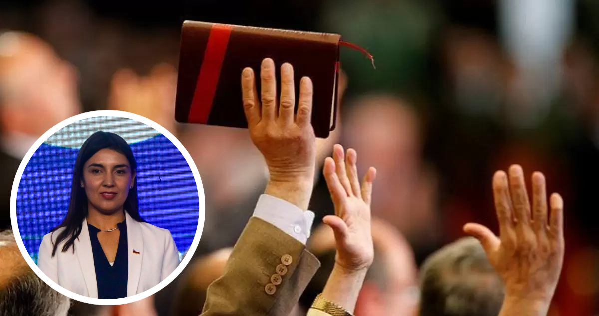 Foto de contexto de culto evangélico y foto de Judith Marín.