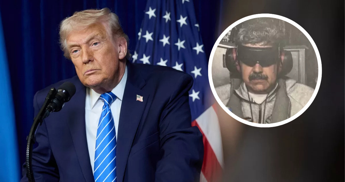 Donald Trump y foto de Nicolás Maduro detenido