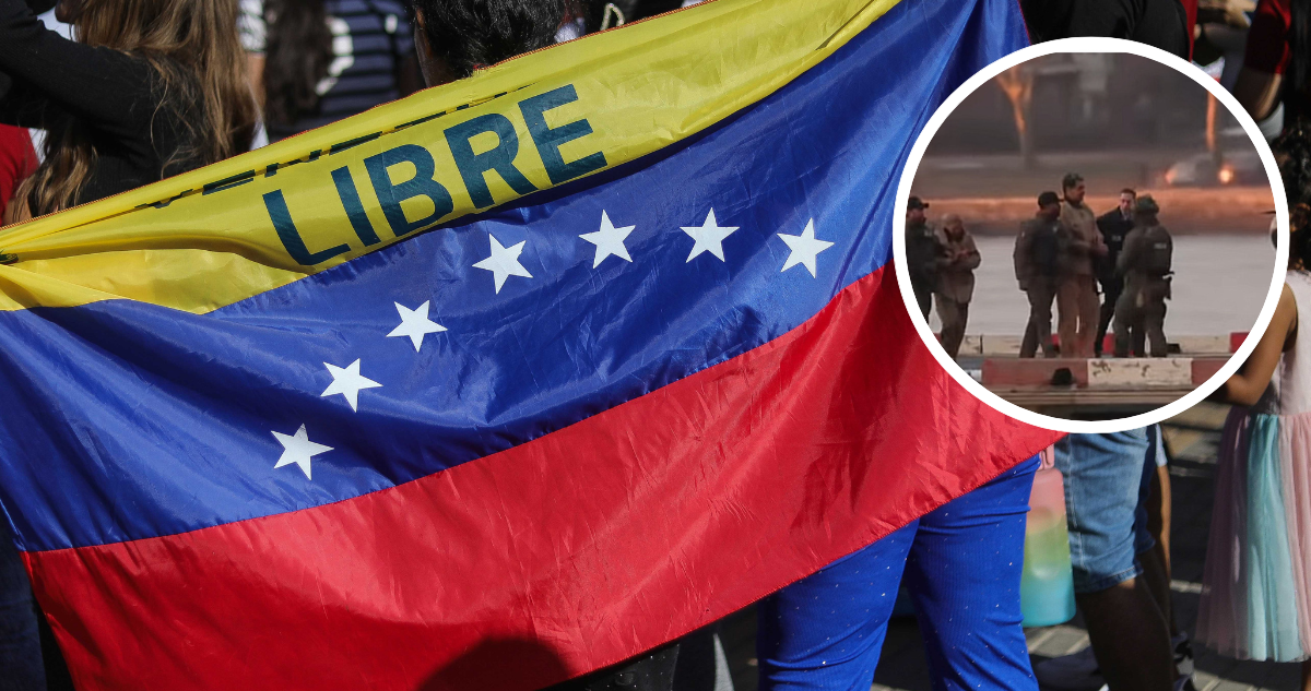 Bandera de Venezuela y personas celebrando. Foto de Maduro detenido.